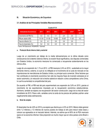 III. Situación Económica y de Coyuntura
3.1.Análisis de las Principales Variables Macroeconómicas
Cuadro N° 01
Indicadores Económicos 2011 2012 2013 2014 2015*
Var. %
14/13
Crecimiento del PBI (%) 4,0 4,0 1,1 2,4 3,5 -
PBI per cápita (US$) 10 124 10 129 10 650 10 837 11 321 4,5
Tasa de inflación (%) 3,4 4,1 3,8 3,9 3,6 -
Tasa de desempleo (%) 5,2 5,0 4,9 4,8 4,5 -
Fuente: FMI Elaboración: PROMPERU *Estimado
a. Producto Bruto Interno total y sectorial
Luego de un crecimiento por debajo de la media latinoamericana en la última década como
consecuencia de la latente violencia interna, la evasión fiscal significativa y las disputas comerciales
con Estados Unidos, la economía mexicana ha comenzado a recuperarse sostenidamente en los
últimos años.
Luego de una expansión de 1,1% en 2013; el PBI mexicano 2,4% en 2014, sustentado en la mayor
demanda interna y externa, la cual se vio reflejada en el incremento de la cuota de mercado en las
importaciones de manufacturas de Estados Unidos, su principal socio comercial. Otros factores que
han contribuido al crecimiento económico han sido los mayores flujos de inversión extranjera en el
sector automotriz y la reducción de la brecha salarial en relación a otros competidores como China,
lo cual ha aumentado la competitividad del país.
De acuerdo al FMI, el PBI real del país experimentará una expansión de 3,6% en 2015, gracias al
crecimiento de las exportaciones impulsado por la recuperación económica estadounidense.
Asimismo, también se espera una recuperación del sector construcción, luego de la crisis del sector
inmobiliario de 2013. Pese a ello, variables como la caída de los precios del petróleo podrían variar
negativamente estas estimaciones.
b. Nivel de empleo
El desempleo fue de 4,8% en 2014 y se espera que disminuya a 4,5% en 2015. México debe generar
entre 1,2 millones y 1,5 millones de nuevos puestos de trabajo al año para reducir estas tasas y
colocar sus egresados en el mercado laboral. Además, se estima que el 60% de la PEA mexicana
opera en la economía informal. Esta proporción es mucho mayor que en otros países como Brasil o
Chile.
 