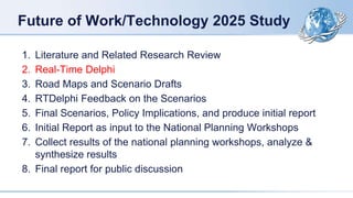 Future of Work/Technology 2025 Study
1. Literature and Related Research Review
2. Real-Time Delphi
3. Road Maps and Scenario Drafts
4. RTDelphi Feedback on the Scenarios
5. Final Scenarios, Policy Implications, and produce initial report
6. Initial Report as input to the National Planning Workshops
7. Collect results of the national planning workshops, analyze &
synthesize results
8. Final report for public discussion
 
