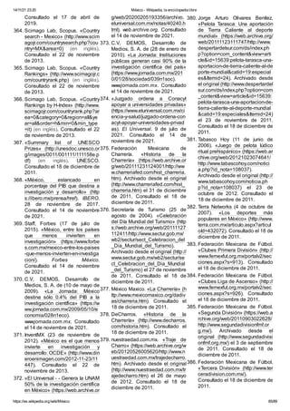 14/11/21 23:20 México - Wikipedia, la enciclopedia libre
https://es.wikipedia.org/wiki/México 85/89
Consultado el 17 de abril de
2019.
364. Scimago Lab, Scopus. «Country
search - Mexico» (http://www.scim
agojr.com/countrysearch.php?cou
ntry=MX&area=0) (en inglés).
Consultado el 22 de noviembre
de 2013.
365. Scimago Lab, Scopus. «Country
Rankings» (http://www.scimagojr.c
om/countryrank.php) (en inglés).
Consultado el 22 de noviembre
de 2013.
366. Scimago Lab, Scopus. «Country
Rankings by H-Index» (http://www.
scimagojr.com/countryrank.php?ar
ea=0&category=0&region=all&ye
ar=all&order=h&min=0&min_type
=it) (en inglés). Consultado el 22
de noviembre de 2013.
367. «Summary list of UNESCO
Prizes» (http://unesdoc.unesco.or
g/images/0011/001111/111158e.p
df) (en inglés). UNESCO.
Consultado el 18 de diciembre de
2011.
368. «México, estancado en
porcentaje del PIB que destina a
investigación y desarrollo» (http
s://ibero.mx/prensa/href). IBERO.
28 de noviembre de 2017.
Consultado el 14 de noviembre
de 2021.
369. Staff, Forbes (17 de julio de
2015). «México, entre los países
que menos invierten en
investigación» (https://www.forbe
s.com.mx/mexico-entre-los-paises
-que-menos-invierten-en-investiga
cion/). Forbes México.
Consultado el 14 de noviembre
de 2021.
370. C.V, DEMOS, Desarrollo de
Medios, S. A. de (10 de mayo de
2009). «La Jornada: México
destina sólo 0.4% del PIB a la
investigación científica» (https://w
ww.jornada.com.mx/2009/05/10/e
conomia/028n1eco).
www
.jornada.com.mx. Consultado
el 14 de noviembre de 2021.
371. InventMX (23 de noviembre de
2012). «México es el que menos
invierte en investigación y
desarrollo: OCDE» (http://www.din
eroenimagen.com/2012-11-23/11
447). Consultado el 22 de
noviembre de 2013.
372. «El Universal - - Genera la UNAM
50% de la investigación científica
en México» (https://web.archive.or
g/web/20200205193356/archivo.
eluniversal.com.mx/notas/40240.h
tml). web.archive.org. Consultado
el 14 de noviembre de 2021.
373. C.V, DEMOS, Desarrollo de
Medios, S. A. de (28 de enero de
2010). «La Jornada: Instituciones
públicas generan casi 90% de la
investigación científica del país»
(https://www.jornada.com.mx/201
0/01/28/sociedad/039n1soc).
www
.jornada.com.mx. Consultado
el 14 de noviembre de 2021.
374. «Juzgado ordena a Conacyt
apoyar a universidades privadas»
(https://www.eluniversal.com.mx/ci
encia-y-salud/juzgado-ordena-con
acyt-apoyar-universidades-privad
as). El Universal. 9 de julio de
2021. Consultado el 14 de
noviembre de 2021.
375. Federación Mexicana de
Charrería. «Historia de la
Charrería» (https://web.archive.or
g/web/20111231124001/http://ww
w.charreriafed.com/hist_charreria.
htm). Archivado desde el original
(http://www.charreriafed.com/hist_
charreria.htm) el 31 de diciembre
de 2011. Consultado el 18 de
diciembre de 2011.
376. Secretaría de Turismo (25 de
agosto de 2004). «Celebración
del Día Mundial del Turismo» (http
s://web.archive.org/web/20111127
112411/http://www.sectur.gob.mx/
wb2/sectur/sect_Celebracion_del
_Dia_Mundial_del_Turismo).
Archivado desde el original (http://
www.sectur.gob.mx/wb2/sectur/se
ct_Celebracion_del_Dia_Mundial
_del_Turismo) el 27 de noviembre
de 2011. Consultado el 18 de
diciembre de 2011.
377. México Maxico. «La Charrería» (h
ttp://www.mexicomaxico.org/dadiv
as/charreria.htm). Consultado el
18 de diciembre de 2011.
378. DeCharros. «Historia de la
Charrería» (http://www.decharros.
com/historia.htm). Consultado el
18 de diciembre de 2011.
379. nuestraedad.com.mx. «Traje de
Charro» (https://web.archive.org/w
eb/20120526005620/http://www.n
uestraedad.com.mx/trajedecharro.
htm). Archivado desde el original
(http://www.nuestraedad.com.mx/tr
ajedecharro.htm) el 26 de mayo
de 2012. Consultado el 18 de
diciembre de 2011.
380. Jorge Arturo Olivares Benítez.
«Pelota Tarasca: Una aportación
de Tierra Caliente al deporte
mundial» (https://web.archive.org/
web/20111123111747/http://www.
despertardelsur.com/ds/index.ph
p?option=com_content&view=arti
cle&id=15639:pelota-tarasca-una-
aportacion-de-tierra-caliente-al-de
porte-mundial&catid=19:especial
es&Itemid=24). Archivado desde
el original (http://www.despertardel
sur.com/ds/index.php?option=com
_content&view=article&id=15639:
pelota-tarasca-una-aportacion-de-
tierra-caliente-al-deporte-mundial
&catid=19:especiales&Itemid=24)
el 23 de noviembre de 2011.
Consultado el 18 de diciembre de
2011.
381. Tabasco Hoy (11 de junio de
2006). «Juego de pelota lúdico
ritual prehispánico» (https://web.ar
chive.org/web/20121023074641/
http://www.tabascohoy.com/notici
a.php?id_nota=108037).
Archivado desde el original (http://
www.tabascohoy.com/noticia.ph
p?id_nota=108037) el 23 de
octubre de 2012. Consultado el
18 de diciembre de 2011.
382. Terra Networks (4 de octubre de
2007). «Los deportes más
populares en México» (http://www.
terra.com.mx/articulo.aspx?articul
oId=432072). Consultado el 18 de
diciembre de 2011.
383. Federación Mexicana de Fútbol.
«Clubes Primera División» (http://
www.femexfut.org.mx/portalv2/sec
ciones.aspx?s=913). Consultado
el 18 de diciembre de 2011.
384. Federación Mexicana de Fútbol.
«Clubes Liga de Ascenso» (http://
www.femexfut.org.mx/portalv2/sec
ciones.aspx?s=926). Consultado
el 18 de diciembre de 2011.
385. Federación Mexicana de Fútbol.
«Segunda División» (https://web.a
rchive.org/web/20110903022628/
http://www.segundadivisionfmf.or
g.mx/). Archivado desde el
original (http://www.segundadivisi
onfmf.org.mx/) el 3 de septiembre
de 2011. Consultado el 18 de
diciembre de 2011.
386. Federación Mexicana de Fútbol.
«Tercera División» (http://www.ter
ceradivision.com.mx/).
Consultado el 18 de diciembre de
2011.
 