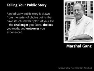 Marshal Ganz
Handout: Telling Your Public Story Worksheet
Telling Your Public Story
A good story public story is drawn
from the series of choice points that
have structured the “plot” of your life
– the challenges you faced, choices
you made, and outcomes you
experienced.
 