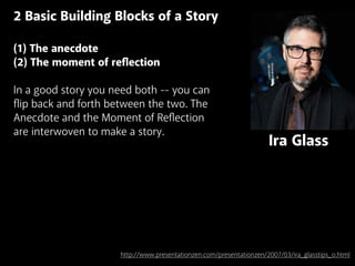 Ira Glass
2 Basic Building Blocks of a Story
(1) The anecdote
(2) The moment of reﬂection
In a good story you need both -- you can
flip back and forth between the two. The
Anecdote and the Moment of Reflection
are interwoven to make a story.
http://www.presentationzen.com/presentationzen/2007/03/ira_glasstips_o.html
 