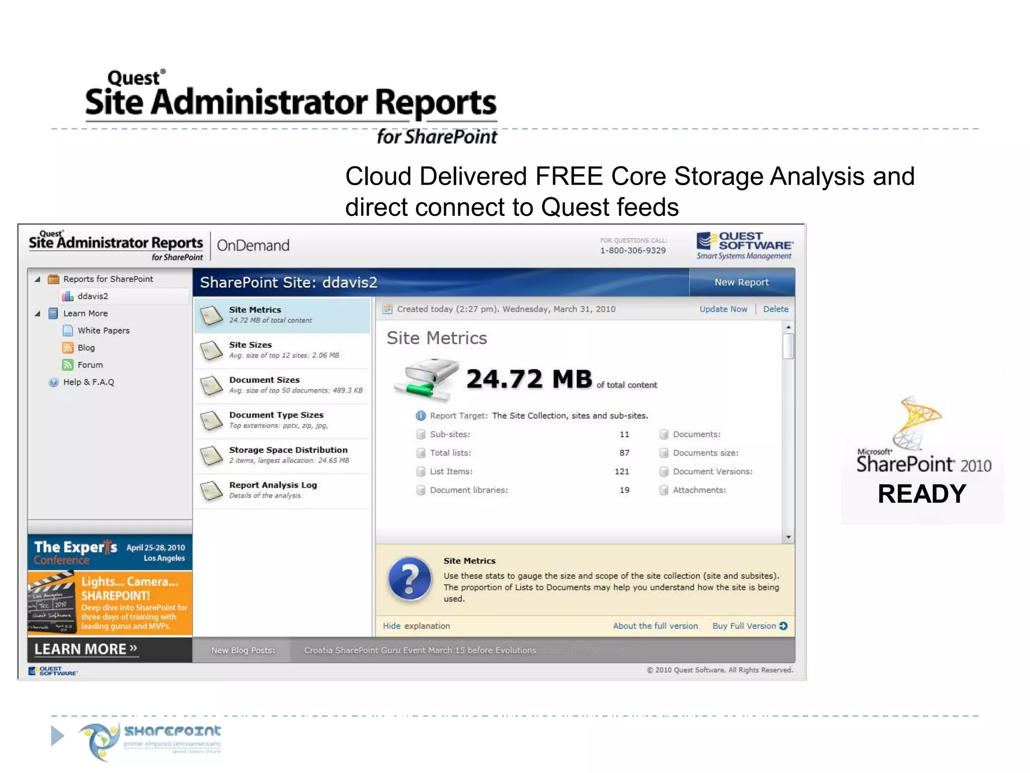 READYCloud Delivered FREE Core Storage Analysis and direct connect to Quest feedsAvailable for free at www.quest.com/reportsforsharepoint