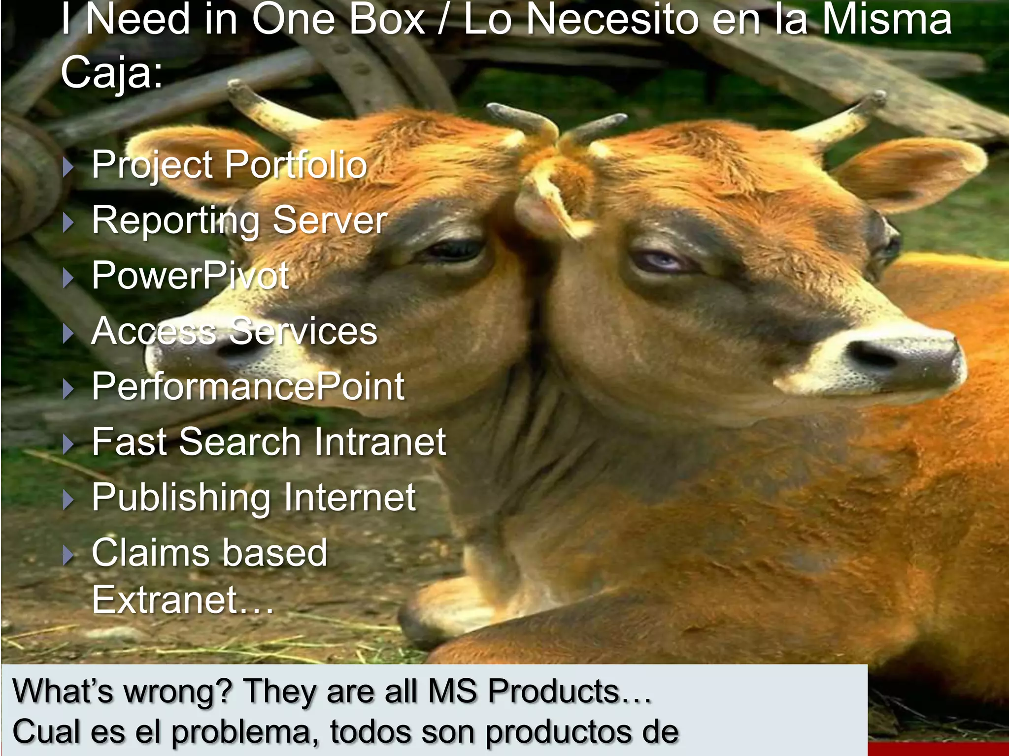 I Need in One Box / Lo Necesito en la MismaCaja:Project PortfolioReporting ServerPowerPivotAccess ServicesPerformancePointFast Search IntranetPublishing InternetClaims based Extranet…What’s wrong? They are all MS Products…Cual es el problema, todos son productos de Microsoft…