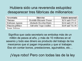 Hubiera sido una reverenda estupidez desaparecer tres fábricas de millonarios: Significa que cada secretario se embolsa más de un millón de pesos al año, y más de 10 millones en el sexenio y todo ese dinero es producto del trabajo de los mexicanos que sí pagan impuestos y que sí trabajan. Eso sin contar bonos, prestaciones, aguinaldos, etc… ¡Vaya robo! Pero con todas las de la ley 