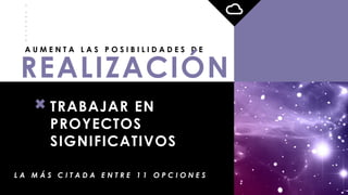 _
_
_
_
_
_
_
_
A U M E N T A L A S P O S I B I L I D A D E S D E
L A M Á S C I T A D A E N T R E 1 1 O P C I O N E S
TRABAJAR EN
PROYECTOS
SIGNIFICATIVOS
REALIZACIÓN
 