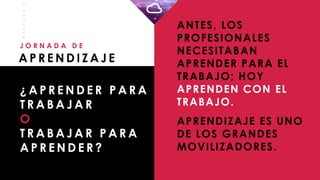 _
_
_
_
_
_
_
_
A P R E N D I Z A J E
J O R N A D A D E
¿ A P R E N D E R P A R A
T R A B A J A R
O
T R A B A J A R P A R A
A P R E N D E R ?
ANTES, LOS
PROFESIONALES
NECESITABAN
APRENDER PARA EL
TRABAJO; HOY
APRENDEN CON EL
TRABAJO.
APRENDIZAJE ES UNO
DE LOS GRANDES
MOVILIZADORES.
 
