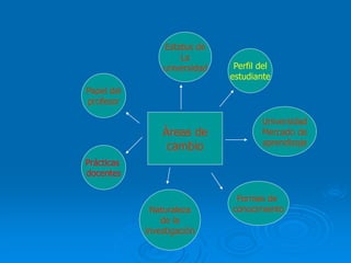 Áreas de
cambio
Papel del
profesor
Formas de
conocimiento
Perfil del
estudiante
Prácticas
docentes
Naturaleza
de la
investigación
Estatus de
La
universidad
Universidad
Mercado de
aprendizaje
 