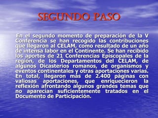 Segundo paso
En el segundo momento de preparación de la V
Conferencia se han recogido las contribuciones
que llegaron al CELAM, como resultado de un año
de intensa labor en el Continente. Se han recibido
los aportes de 21 Conferencias Episcopales de la
región, de los Departamentos del CELAM, de
algunos Dicasterios romanos, de organismos y
eventos continentales y otras aportaciones varias.
En total, llegaron más de 2.400 páginas con
valiosas aportaciones, que enriquecieron la
reflexión afrontando algunos grandes temas que
no aparecían suficientemente tratados en el
Documento de Participación.
 