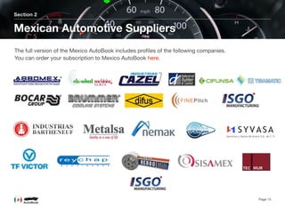 Section 2
Mexican Automotive Suppliers
Page 15
The full version of the Mexico AutoBook includes proﬁles of the following companies. 
You can order your subscription to Mexico AutoBook here.
 
