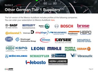 Section 2
Other German Tier 1 Suppliers
Page 22
The full version of the Mexico AutoBook includes proﬁles of the following companies. 
You can order your subscription to Mexico AutoBook here.
 