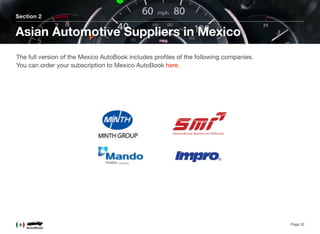 Section 2
Asian Automotive Suppliers in Mexico
Page 32
The full version of the Mexico AutoBook includes proﬁles of the following companies. 
You can order your subscription to Mexico AutoBook here.
 