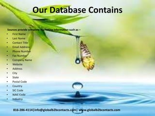 Our Database Contains
Sources provide complete marketing information such as –
• First Name
• Last Name
• Contact Title
• Email Address
• Phone Number
• Fax Number
• Company Name
• Website
• Address
• City
• State
• Postal Code
• Country
• SIC Code
• NAIC Code
• Industry
816-286-4114|info@globalb2bcontacts.com| www.globalb2bcontacts.com
 