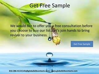 Get Free Sample
We would like to offer you a free consultation before
you choose to buy our list. Let's join hands to bring
revival to your business.
816-286-4114|info@globalb2bcontacts.com| www.globalb2bcontacts.com
Get Free Sample
 