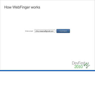 How WebFinger works




           Enter email:   chris.messina@gmail.com   Connect
 