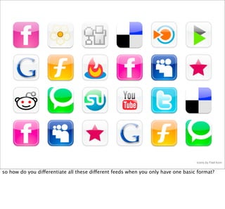 icons by Fast Icon


so how do you differentiate all these different feeds when you only have one basic format?
 