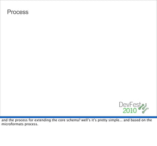 Process




and the process for extending the core schema? well’s it’s pretty simple... and based on the
microformats process.
 