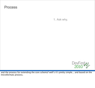 Process


                                                     1. Ask why.




and the process for extending the core schema? well’s it’s pretty simple... and based on the
microformats process.
 