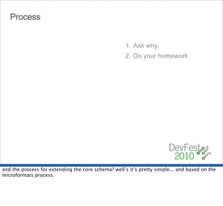 Process


                                                     1. Ask why.
                                                     2. Do your homework




and the process for extending the core schema? well’s it’s pretty simple... and based on the
microformats process.
 