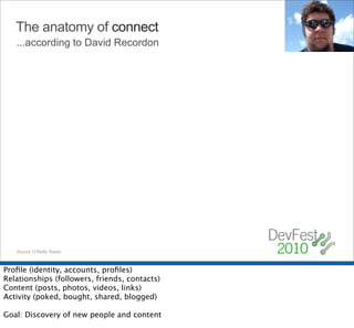 The anatomy of connect
   ...according to David Recordon




   Source O’Reilly Radar.



Proﬁle (identity, accounts, proﬁles)
Relationships (followers, friends, contacts)
Content (posts, photos, videos, links)
Activity (poked, bought, shared, blogged)

Goal: Discovery of new people and content
 