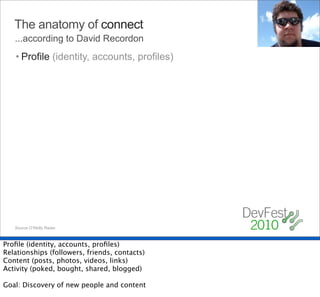 The anatomy of connect
   ...according to David Recordon
   • Profile (identity, accounts, profiles)




   Source O’Reilly Radar.



Proﬁle (identity, accounts, proﬁles)
Relationships (followers, friends, contacts)
Content (posts, photos, videos, links)
Activity (poked, bought, shared, blogged)

Goal: Discovery of new people and content
 
