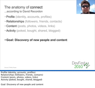 The anatomy of connect
   ...according to David Recordon
   • Profile (identity, accounts, profiles)
   • Relationships (followers, friends, contacts)
   • Content (posts, photos, videos, links)
   • Activity (poked, bought, shared, blogged)


   • Goal: Discovery of new people and content




   Source O’Reilly Radar.



Proﬁle (identity, accounts, proﬁles)
Relationships (followers, friends, contacts)
Content (posts, photos, videos, links)
Activity (poked, bought, shared, blogged)

Goal: Discovery of new people and content
 