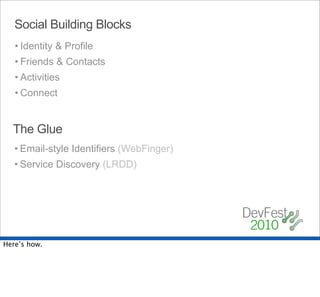 Social Building Blocks
   • Identity & Profile
   • Friends & Contacts
   • Activities
   • Connect


  The Glue
   • Email-style Identifiers (WebFinger)
   • Service Discovery (LRDD)




Here’s how.
 