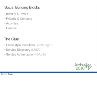 Social Building Blocks
   • Identity & Profile
   • Friends & Contacts
   • Activities
   • Connect


  The Glue
   • Email-style Identifiers (WebFinger)
   • Service Discovery (LRDD)
   • Service Authorization (OAuth)




Here’s how.
 