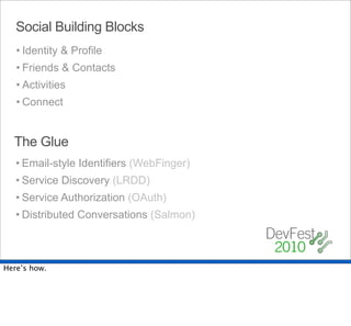 Social Building Blocks
   • Identity & Profile
   • Friends & Contacts
   • Activities
   • Connect


  The Glue
   • Email-style Identifiers (WebFinger)
   • Service Discovery (LRDD)
   • Service Authorization (OAuth)
   • Distributed Conversations (Salmon)



Here’s how.
 