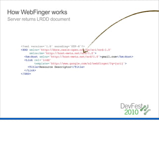 How WebFinger works
Retrieve WebFinger document




$curl http://www.google.com/s2/webfinger/?q=chris.messina@gmail.com
 