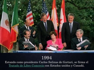 1994
Estando como presidente Carlos Salinas de Gortari, se firma el
Tratado de Libre Comercio con Estados unidos y Canadá.
 