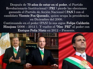 Después de 70 años de estar en el poder, el Partido
Revolucionario Institucional ( PRI ) pierde las elecciones
ganando el Partido de Acción Nacional ( PAN ) con el
candidato Vicente Fox Quezada, quien ocupa la presidencia
en Diciembre del 2000.
Continuando en el poder (PAN) lo sus sigue Felipe Calderón
Hinojosa (2006 – 2012 ). Y vuelve el “Neo PRI” al poder con
Enrique Peña Nieto en 2012 – Presente.
 
