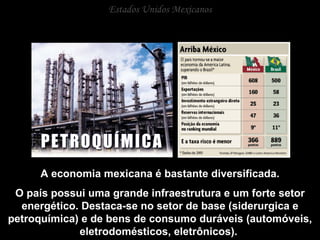 Estados Unidos Mexicanos A economia mexicana é bastante diversificada. O país possui uma grande infraestrutura e um forte setor energético. Destaca-se no setor de base (siderurgica e petroquímica) e de bens de consumo duráveis (automóveis, eletrodomésticos, eletrônicos).  