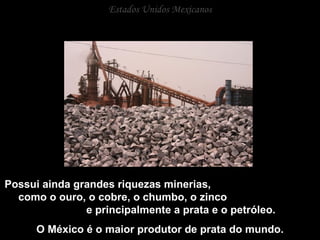 Estados Unidos Mexicanos Possui ainda grandes riquezas minerias,  como o ouro, o cobre, o chumbo, o zinco  e principalmente a prata e o petróleo.  O México é o maior produtor de prata do mundo. 