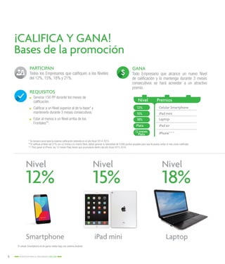 6 INCENTIVOS PARA EL CRECIMIENTO 2015-2016
¡CALIFICA Y GANA!
Bases de la promoción
12% 15% 18%
Nivel Nivel Nivel
Smartphone iPad mini Laptop
PARTICIPAN GANA
REQUISITOS
Todos los Empresarios que califiquen a los Niveles
del 12%, 15%, 18% y 21%.
* Se tomará como base la máxima calificación obtenida en el año fiscal 2014-2015.
**Si calificas al Nivel del 21% con un frontal a tu mismo Nivel, debes generar tu lateralidad de 4,000 puntos grupales para que te pueda contar el mes como calificado.
*** Para ganar el iPhone, los 12 meses Plata tienen que acumularse dentro del año fiscal 2015-2016.
El celular Smartphone es de gama media-baja con sistema Android.
Todo Empresario que alcance un nuevo Nivel
de calificación y lo mantenga durante 3 meses
consecutivos se hará acreedor a un atractivo
premio.
Nivel Premios
12%
15%
18%
Plata
12 meses
Plata
Celular Smartphone
iPad mini
Laptop
iPad air
iPhone***
.. Generar 150 PP durante los meses de
calificación.
.. Calificar a un Nivel superior al de tu base* y
mantenerlo durante 3 meses consecutivos.
.. Estar al menos a un Nivel arriba de los
Frontales**.
 