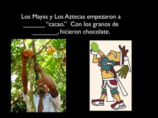 Los Mayas y Los Aztecas empezaron a
 ______ “cacao.” Con los granos de
    _______, hicieron chocolate.
 