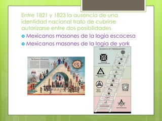 Entre 1821 y 1823 la ausencia de una
identidad nacional trato de cubrirse
autorizarse entre dos posibilidades
 Mexicanos masones de la logia escocesa
 Mexicanos masones de la logia de york
 