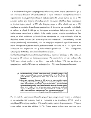 176


Los triqui se han distinguido siempre por su combatividad y lucha, ante las circunstancias que le
son adversas de ahí que en la Ciudad de México, se hayan conformado un importante número de
organizaciones triquis, particlarmente desde mediados de los 80. Lo cual explica que casi el 70%
pertenece a algun gruo formal o informal de carácter étnico, mas del 30% a alguna organización
de tipo interétnico o culural y el 37% a las de comerciantes, lo cal ha influido para que el 92%
manifiesta su convicción de que formar organizaciones de tipo social incrementa las posibilidades
de mejorar la calidad de vida de sus integrantes, acompañando dichos procesos de apoyos
institucionales partiendo de la iniciativa de los propios grupos y organizaciones indígenas. Esta
actitud se refleja claramente en los niveles de participación de ciertas actividades como las
siguientes: mejoras escolares con 36% con aportaciones económicas; 25% con dinero y 24% con
trabajo para fiestas y celebraciones y 27% con trabajo para mejoras del lugar donde habitan. La
mayor participación se presenta en este grupo étnico entre los líderes con el 81%, seguida de los
adultos con 66%, mujeres con 52% y menor entre los jóvenes con                                 22% . Es importante
señalar que el 44.8 trabaja frecuentemente en forma colectiva.
En relación con la participación femenina en la toma de decisiones familiares, se debe contar con
la anuencia del varón en los siguientes momentos 81% para incribir a los hijos en la escuela;
78.4% para asignar nombre a los hijos y para poder trabajar; 75% para participar en
organizaciones sociales, 72% para usar anticonceptivos y 70% para abrir cuentas bancarias;




        “...la “La cultura triqui es así, no le toman importancia a las mujeres nunca.....las
                mujeres son consideradas personas sin capacidad. A mi me han dicho: -si
                fueras hombre si platicaríamos, pero como no lo eres, no nos vas a
                entender-
             Yo pienso que esta forma de pensar se debe al espíritu guerrero de los triquis,
                eso hace que las mujeres no participemos en ese terreno, no hemos podido
                ganar espacios pues a pesar de que empezamos a entrar a la escuela no ha
                habido más empuje para que la mujer alcance su liberación para ocupar
                algún cargo o algo asi por ejemplo en nuestra zona hay un comité de
                mujeres ue desempeñan tareas sobre el prorama del día o cositas así, pero
                nunca somos agregadas como autoridad para opinar en las asambleas”
                                              Grupo de enfoque: líderes triquis, julio 2000.



Por otra parte los recursos que utilizan los grupos triquis para presionar y obtener la satisfacción
de sus demandas son en primer lugar la                pertenencia a una organización (85%),               acudir a
autoridades 52%, asistir a marchas el 49%, ante los medios masivos de comunicación ( 59%) y en
menor medida con partidos políticos 14.7%.. En este aspecto es importante mencionar que a
 