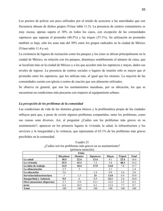55


Los puestos de policía son poco utilizados por el miedo de acercarse a las autoridades que con
frecuencia abusan de dichos grupos (Véase tabla 11.5). La presencia de centros comunitarios es
muy escasa, apenas supera el 30% en todos los casos, con excepción de las comunidades
zapotecos que superan el promedio (40.5%) y las triquis (37.1%). Su utilización en promedio
también es baja, sólo los usan más del 50% entre los grupos radicados en la ciudad de México
(Véase tabla 11.4 y ss).
La existencia de lugares de recreación como los parques y los cines se ubican principalmente en la
ciudad de México, en relación con los parques, disminuye notablemente el número de cines, que
se localizan más en la ciudad de México y a los que acceden más los zapotecos y mayas, dados sus
niveles de ingreso. La presencia de centros sociales o lugares de reunión sólo es mayor que el
promedio entre los zapotecos, que los utilizan más, al igual que los otomíes. La mayoría de las
comunidades cuenta con iglesia o centro de oración que son altamente utilizados.
Se observa en general, que son los asentamientos mazahuas, por su ubicación, los que se
encuentran en condiciones más precarias con respecto al equipamiento urbano.


La percepción de los problemas de la comunidad
Las condiciones de vida de los distintos grupos étnicos y la problemática propia de las ciudades
influyen para que, a pesar de existir algunos problemas compartidos, tanto los problemas, como
sus causas sean diversos. Así, al preguntar ¿Cuáles son los problemas más graves en su
asentamiento?, aparecen en los primeros lugares la vivienda, la salud, la infraestructura y los
servicios y la inseguridad y la violencia, que representan el 65.1% de los problemas más graves
percibidos en la comunidad.
                                            Cuadro 21
                    ¿Cuáles son los problemas más graves en su asentamiento?
                                        (primera mención)
                                              Etnia
                                Mazahuas   Otomíes    Zapotecos    Mayas     Triquis   Total
   La salud                       30.5       22.4       13.4         4.1      22.4     16.6
   La vivienda                    25.5       43.3        7.2         3.8      48.3     19.2
   La falta de trabajo            14.5       10.4       17.9        12.8       7.8     13.7
   La alimentación                 2.3        3                      2.1                1.4
   La educación                    3.6                    1.4        4.8       2.6      2.8
   Servicios/infraestructura        5        1.5          33        13.8       6.9     14.9
   Inseguridad y violencia         9.5        6           8.9       32.1       2.6     14.4
   Otro (menciones dispersas)      2.7       2.9         12.1       14.2       3.5      8.3
   ns/nc                           6.4      10.5          6.1       12.4       7.7      8.7
   Total                          100       100          100        100        100      100
 
