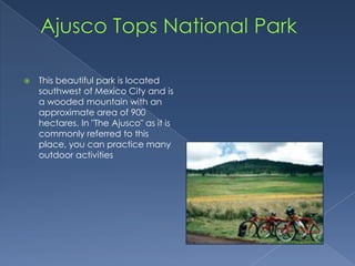 Ajusco Tops National ParkThis beautiful park is located southwest of Mexico City and is a wooded mountain with an approximate area of 900 hectares. In "The Ajusco" as it is commonly referred to this place, you can practice many outdoor activities