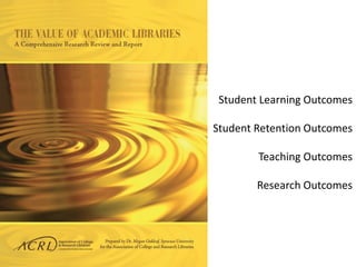 Student Learning Outcomes
Student Retention Outcomes
Teaching Outcomes
Research Outcomes
 