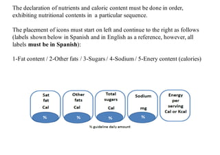 The declaration of nutrients and caloric content must be done in order,
exhibiting nutritional contents in a particular sequence.
The placement of icons must start on left and continue to the right as follows
(labels shown below in Spanish and in English as a reference, however, all
labels must be in Spanish):
1-Fat content / 2-Other fats / 3-Sugars / 4-Sodium / 5-Enery content (calories)The declaration of nutrients and caloric content must be done in order, exhibiting nutritional contents in
a particular sequence. The placement of icons must start on left and continue to the right as follows
(labels shown below in Spanish and in English as a reference, however, all labels must be in Spanish):
1-Fat content 2-Other fats 3-Sugars 4-Sodium 5-Enery content (calories)
The percent of calories and saturated fat, other fats, and total sugars must be expressed in kilocalories or
calories using the abbreviation “kcal” or “Cal” and report the percentage of recommended daily intake
 