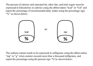 The percent of calories and saturated fat, other fats, and total sugars must be
expressed in kilocalories or calories using the abbreviation “kcal” or “Cal” and
report the percentage of recommended daily intake using the percentage sign
“%” as shown below:
The sodium content needs to be expressed in milligrams using the abbreviation
“mg” or “g” when content exceeds more than a thousand milligrams, and
report the percentage using the percent sign “%”as shown below:
The percent of calories and saturated fat, other fats, and total sugars must be expressed in kilocalories or
calories using the abbreviation “kcal” or “Cal” and report the percentage of recommended daily intake
using the percentage sign “%” as shown below:
The sodium content needs to be expressed in milligrams using the abbreviation “mg” or “g” when
content exceeds more than a thousand milligrams, and report the percentage using the percent sign
“%”as shown below:
 