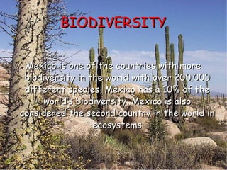 BIODIVERSITY Mexico is one of the countries with more biodiversity in the world with over 200.000 different species, Mexico has a 10% of the world’s biodiversity. Mexico is also considered the second country in the world in ecosystems 