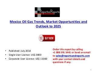 Mexico Oil Gas Trends, Market Opportunities and
Outlook to 2025
• Published: July 2014
• Single User License: US$ 3800
• Corporate User License: US$ 11000
Order this report by calling
+1 888 391 5441 or Send an email
to sales@reportsandreports.com
with your contact details and
questions if any.
1
 