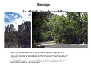 Existen algunas versiones sobre el nombre tan particular que recibió esta zona. Una de ellas dice que las impresionantes barrancas que se despliegan a ambos lados del camino hacen ver al diablo. Otra afirma que el nombre le viene de lo peligroso de tantas quebradas que hay entre las conformaciones montañosas de la Sierra. Una más afirma que se debe a lo fuerte que sopla el viento y el ruido que provoca al filtrarse un sinnúmero de corrientes de aire. El Espinazo del Diablo se localiza a la altura del kilómetro 168 de la carretera 40 que une a la ciudad de Durango con el puerto de Mazatlán, y cubre un tramo de carretera de aproximadamente 10 km, donde se pueden contemplar el maravilloso espectáculo que ofrece la Sierra Madre Occidental. Durango Sierra Madre Occidental: Espinazo del Diablo 