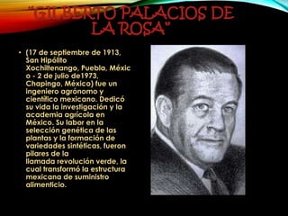 “GILBERTO PALACIOS DE
LA ROSA”
• (17 de septiembre de 1913,
San Hipólito
Xochiltenango, Puebla, Méxic
o - 2 de julio de1973,
Chapingo, México) fue un
ingeniero agrónomo y
científico mexicano. Dedicó
su vida la investigación y la
academia agrícola en
México. Su labor en la
selección genética de las
plantas y la formación de
variedades sintéticas, fueron
pilares de la
llamada revolución verde, la
cual transformó la estructura
mexicana de suministro
alimenticio.
 