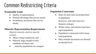 Common Redistricting Criteria
7
Population Constraints
● Seats for each state are proportional
to population
(however, each state elect two
Senators at-large)
● Within states, each district must have
equal population
● Population is measured with Census
total population
● Only minimal deviations are allowed
at national level
Permissible Goals
● Quality of representation
● Partisan advantage (but not too much)
● Incumbency protection (but not too
much)
Minority Representation Requirements
Majority-minority districts must be
created…
● When voting is polarized, and …
● Minority large enough to elect
candidate-of-choice and …
● …minority populations are compact
 