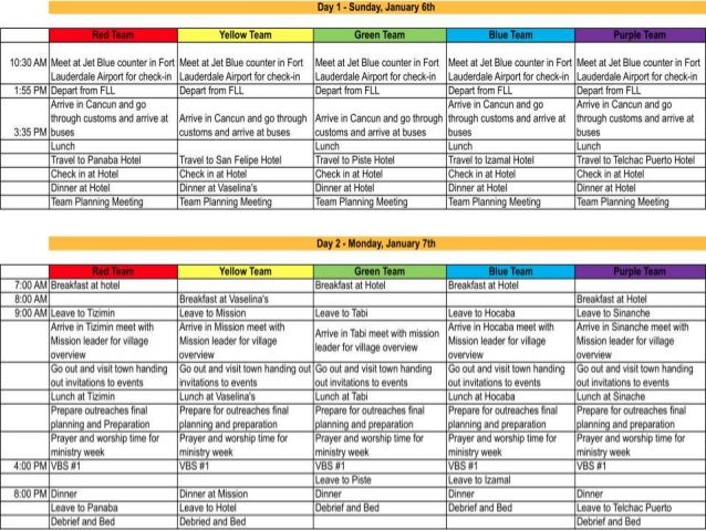 Mexico Team's Schedule by Team Color/Location