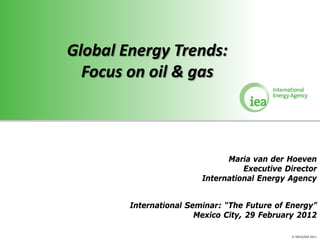 Global Energy Trends:
  Focus on oil & gas



                               Maria van der Hoeven
                                   Executive Director
                         International Energy Agency


        International Seminar: “The Future of Energy”
                        Mexico City, 29 February 2012

                                              © OECD/IEA 2011
 