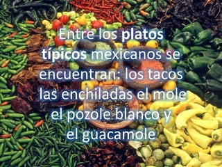 Entre los platos
típicos mexicanos se
encuentran: los tacos
las enchiladas el mole
el pozole blanco y
el guacamole
 